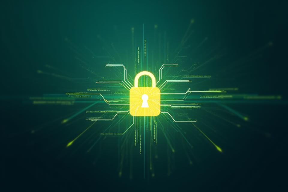 Abstract depiction of digital security with a padlock and flowing data streams, representing data protection measures.