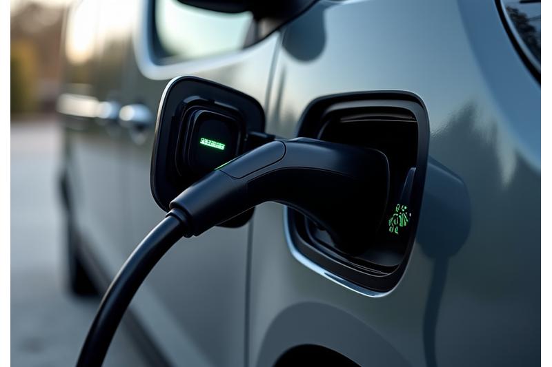 Close-up of an EV charger at a commercial hub