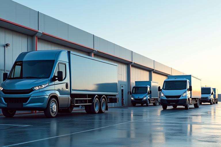Electric vehicles charging at a modern logistics hub