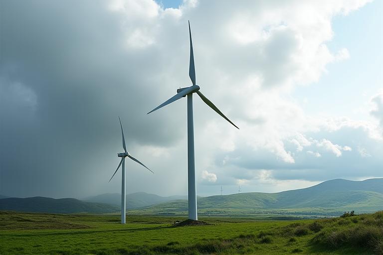 Large wind turbines against a scenic Galway backdrop