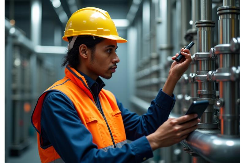 A technical expert analyzing data on a tablet in an industrial setting