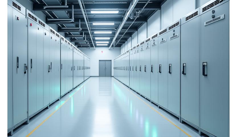 Large-scale battery storage units glowing with energy