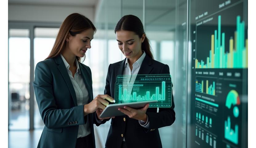 Consultants reviewing energy data on a tablet in an office