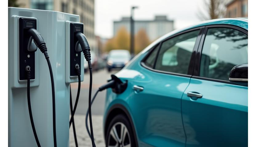 Electric car charging at a sleek, modern charging station