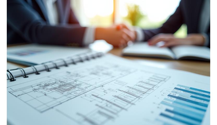 Architectural drawings and financial charts overlaid with wind turbines