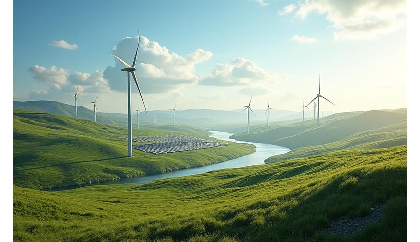 Solar panels and wind turbines in a vibrant Irish landscape